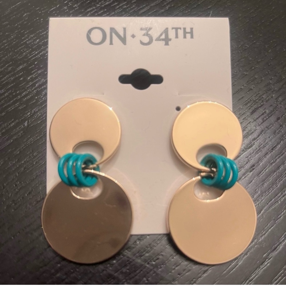 Gold and Green Two-Tiered Earrings with Geometric Design, NWT - Picture 1 of 5